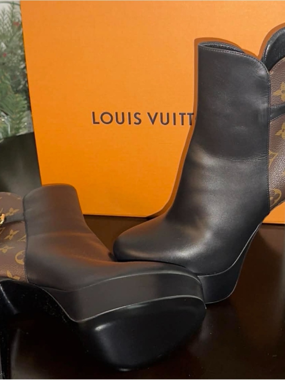 Louis Vuitton Black Leather Platform Ankle Boots with Monogram Panel